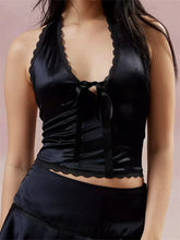 Satin Halter Lace Trim Front Bowknot V-Neck Backless Party Tank  Crop Tops